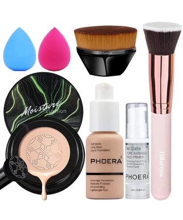 PHOERA Foundation ,Mushroom Head Air Cushion CC Cream Natural Foundation ,Phoera Foundation Full Coverage,Phoera Face Primer, Kabuki Brush Foundation Brush Makeup,Makeup Sponge (104 Buff Beige + Natural CC) 104 Buff Beige+…