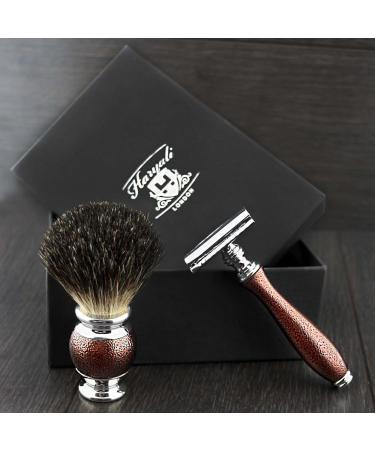 Men's Double Edge Razor In Maroon Antique Design + Black Badger Hair Shaving Brush. Perfect Set To Give A Perfect Shave.