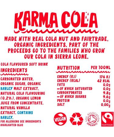 Karma Drinks Karma Cola (24 x 300ml Bottles) Natural Ingredients Fairtrade Gluten Free Vegan Friendly Delicious Soft Drink Carbonated Fizzy Drink Organic No GMO Karma Cola 24 x 300ml Bottles - Buy Online on GoSupps.com