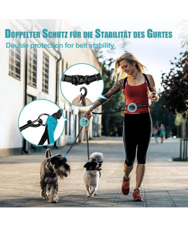 Snocyo Double Dog Leash - Elastic Reflective Retractable for Medium & Large Dogs | Jogging Leash with Handles & Waist Belt in Black & Turquoise - Buy Online on GoSupps.com