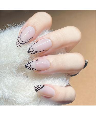 Short Fake Nail Full Cover with Glue Detachable Black Lines Press on Nails 24 Pieces Finger Nail Art Tips for Nail Salons and Women DIY Nail Art