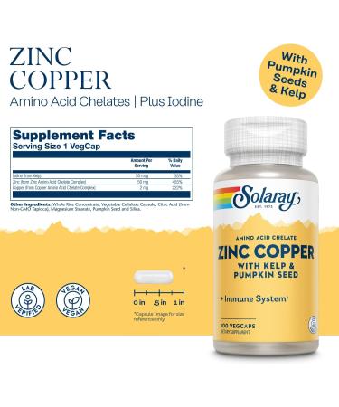 Solaray Zinc + Copper Amino Acid Chelate Vcapsules 100 Count - Unflavored (Pack of 1) - Buy Online on GoSupps.com