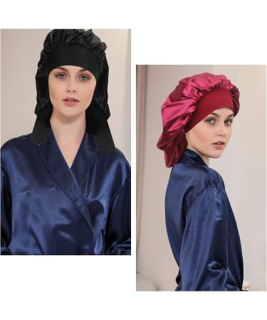 Arqumi Silk Bonnet 2PCS - Large Adjustable Satin Hair Wrap for Sleeping and Hair Care, Black & Wine Red - Buy Online on GoSupps.com