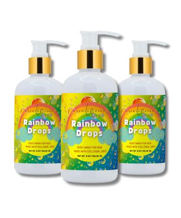 Lather Green Kids Body Wash Plant Based Gentle Moisturizer with Shea Butter Safe for Sensitive Skin Rainbow Drops 3 Pack (8 oz Each)