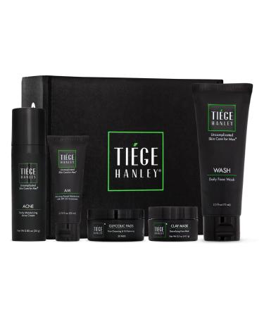 Tiege Hanley Acne Treatment for Men Level 3 System - Facial Acne Treatment Set Includes Morning Facial Moisturizer Acne Cream Face Wash Charcoal Clay Mask & Glycolic Pads - All Skin Types