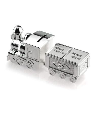 Personalised Silver Train Money Box With First Curl/Tooth Carriage For Births Christening Baptism Holy Communion - Engraved with Your Custom Text