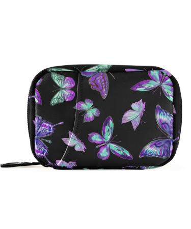 Pfrewn Pill Organizer Case 7 Day Purple Butterflies on A Black Travel Pill Box with Zipper Portable Small Weekly Vitamin Medicine Supplement Holder Pouch Bag