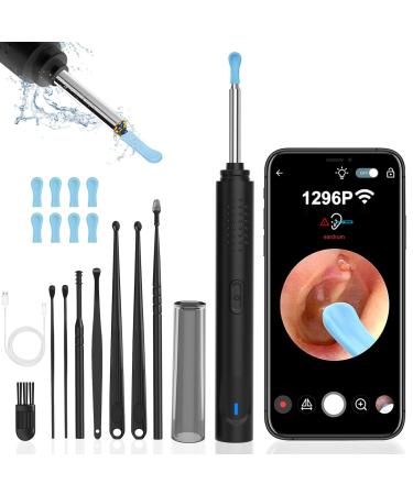 Ear Wax Removal Ear Cleaner with Camera with 1296P Earwax Removal kit with 9 Ear Pick and 8 Traditional Tools Built-in WiFi IP67 Waterproof Ear Cleaning Kit for iPhone iPad Android (Black)