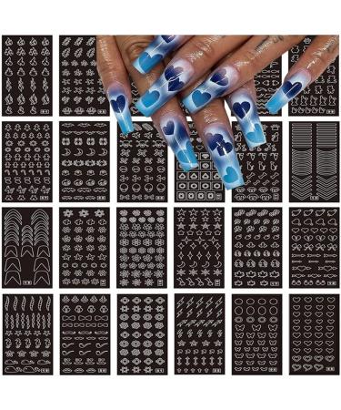 Airbrush Nail Art Stickers Stencil Reusable  24 Sheets French Butterfly Flower Heart Moon Star Christmas Nail Decals Printing Template Stencil Tool self-Adhesive DIY Nail Designs Nail Art Decorations - Stencil-24