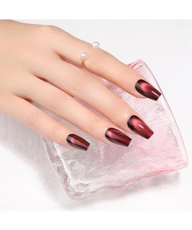 Dark Red Cat Eye Press On Nails - Medium Coffin Fake Nails | KKUUOO Handmade Velvet & Glitter Designs - 24Pcs Full Cover Glossy Stick On Nails for Women & Girls - Buy Online on GoSupps.com