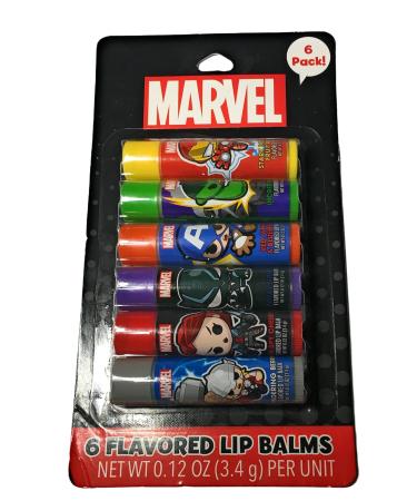 (1) 6 Piece Set Marvel Lip Balm by Taste Beauty (Each Balm is .12 oz) Thundering Berry Laser Spy Cherry Royal Grape Red white and Blueberry Stark Industries Fruit Punch and Incredible Apple Flavors