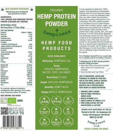 Hempiness Organic Premium Raw Hemp Protein Powder 500g - 50% Protein | Vegan & Eco-Friendly - Buy Online on GoSupps.com