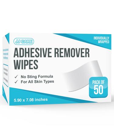 JJ CARE Adhesive Remover Wipes Pack of 50 6x7 Large Stoma Wipes - Medical Adhesive Remover Wipes - Sting Free Adhesive Remover Wipes for Skin Ostomy, Stoma, Colostomy Devices, Dressings and Medical Tapes 50 Count (Pack of 50)
