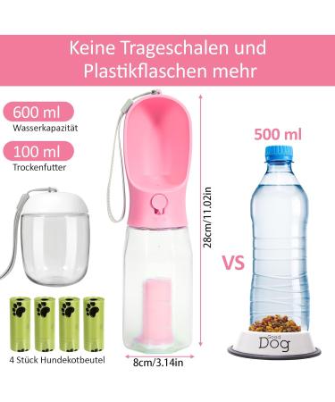 3-in-1 Leak-Proof Dog Drinking Bottle | 600ml Pet Water Bottle with Food Cup & 4 Pouches | Perfect for Hiking & Travel (Pink) - Buy Online on GoSupps.com