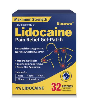 Kocowo 4% Lidocaine Gel Patches for Neck Back Knee Joint Ache Muscle Soreness 3.9 x 5.5 32-Count Box NDC:83559-010-01