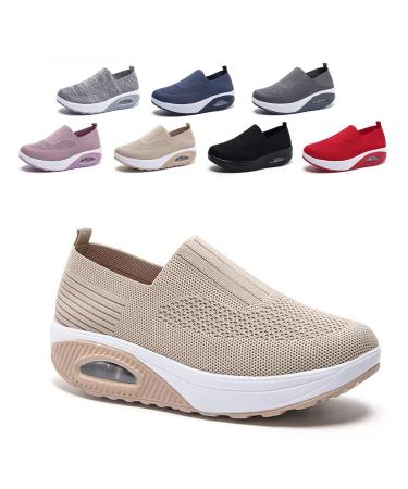 LINJIENIUXHA Air Cushioned Slip On Walking Shoes Orthopedic Diabetic Walking Shoes Women's Wedges Casual Mesh Air Cushioned Walking Shoes (Khaki 6) Khaki 6