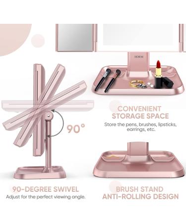 Trifold Makeup Mirror with Lights - 3 Color Modes, 72 LED Vanity Mirror, 1x/2x/3x Magnification, Touch Control, Portable High Definition Cosmetic Mirror - Pale Pink - Buy Online on GoSupps.com