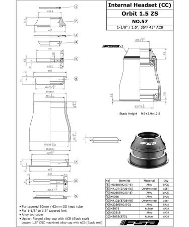 FSA No.57 Orbit 1.5 ZS Sealed Bearing Tapered Headset - 1-1/8 to 1.5 - XTE1530 - Buy Online on GoSupps.com