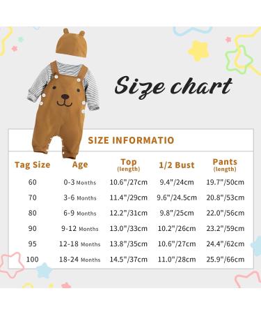 Infant Baby Boys 3pcs Clothing Set | Newborn Cotton Romper Outfits | Toddler Kids Pyjamas | Long Sleeve T-shirt + Dungarees + Hat | Brown | 0-3 Months - Buy Online on GoSupps.com