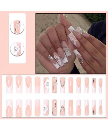 French Tip Press On Nails - Long Square Glossy Nude Fake Nails with 3D Rhinestones & Flower Butterfly Charms - 24pcs for Women & Girls - Buy Online on GoSupps.com