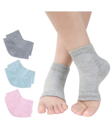 Vented Moisturizing Gel Heel Socks, 3 Pairs Toeless Spa Sock for Foot Care Treatment, Cracked Heels, Dry Feet, Foot Calluses (Gray, Green, Pink)