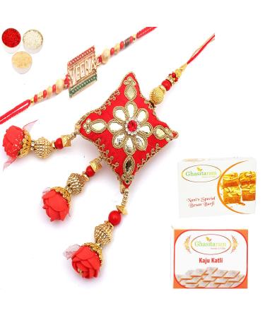 Ghasitaram Gifts Rakhis Online - Rakhi for Brother- Roses of Galore Bhaiya Bhabhi Rakhi with 200 GMS of Besan Barfi and 200 GMS of Kaju Katli Rakhi Set with 200 gms of Besan Barfi & Kaju Katli