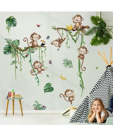 decalmile Jungle Monkey Climbing Tree Wall Decals Jungle Animals Vine Leaves Wall Stickers Baby Nursery Kids Room Living Room Wall Decor