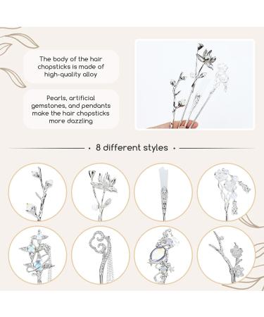 inSowni 8 Pieces Decorative Retro Crystal Pearl Silver Hair Sticks Pins with Pendants Asian Chinese Hanfu Cloud Star Lotus Flower Hair Forks Chopsticks Bun Updo Holders Long Hairpins for Women Girls - Buy Online on GoSupps.com