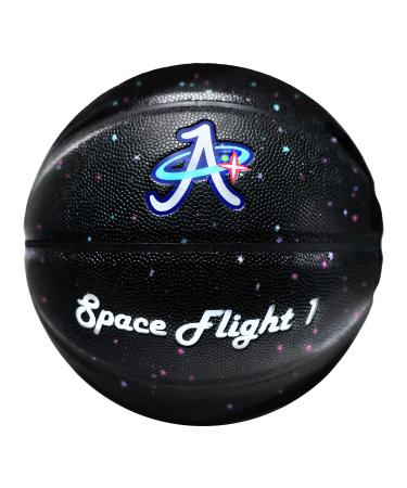 A Plus Collectibles Official Space Basketball Space Flight 1" Leather Game Ball, Indoor/Outdoor Court, Full Size Kids & Adult Size 7, 29.5" Space & Stars Black