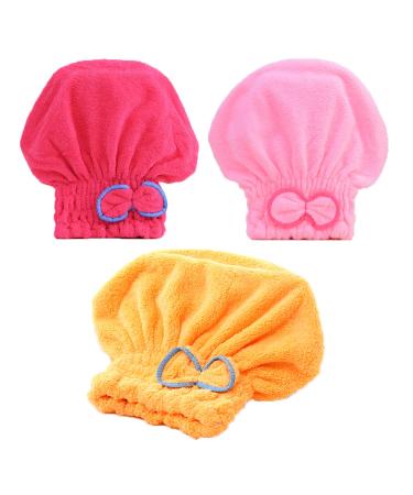 Microfiber Hair Drying Cap Hair Drying Towel 3Packs Super Absorbent Quick Dry Hair Turban for Girls and Women Drying Curly Fast Drying Hair Turban Wrap Towels Shower Cap(Red Pink Yellow) Multicolor