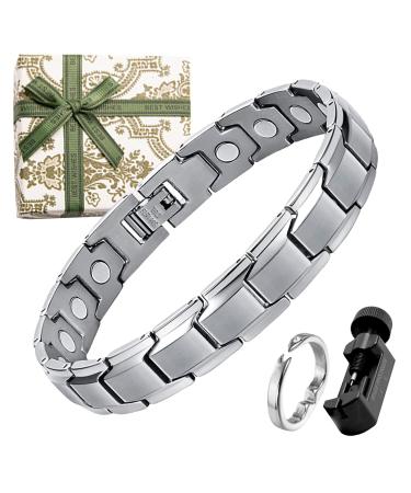 DGUSO Magnnet hard band men 1 piece ring 1 piece magnetic hardship titan steel bracelet men Men magnetic bracelet men magnetic bracelets magnetic jewelry with bracelet adjuster and gift box (silver)
