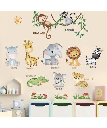 decalmile Jungle Animals Wall Decals Monkey Elephant Lion Giraffe Wall Stickers Baby Nursery Kids Room Living Room Wall Decor