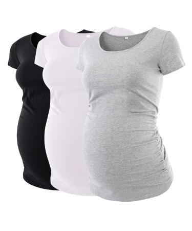 Love2Mi 3PCS Maternity Shirt Short Sleeves Maternity Wear T-Shirt Casual Maternity Tops M Black + White + Gray