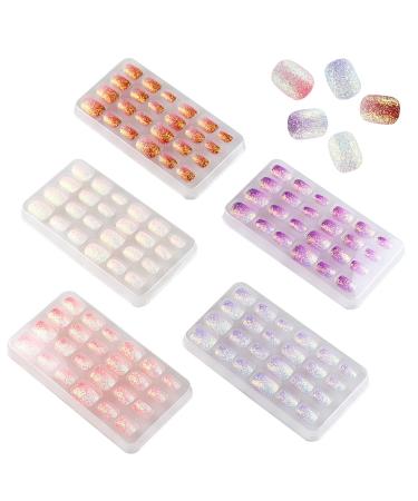 120 Pieces Fake Nails for Girls Gradient Color Kid Nails Press on Pre-glue Children Artificial False Nails Short Oval Full Cover Acrylic Stick on Nail Tips Kit for Little Girl Toys (Gradient Glitter)