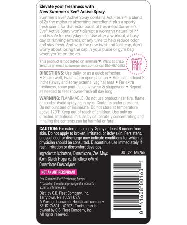 Summer's Eve Active Freshening Spray 2 oz - Moisture Absorbing Formula - Buy Online on GoSupps.com