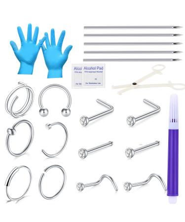 22PCS Nose Piercing Kit,JIESIBAO Piercing Needles with 18G 20G CZ Nose Screw Studs Double Nose Rings Hoop Captive Nose Rings Stainless Steel Jewelry for Nose Septum Piercing Needles Kit 4-22pcs
