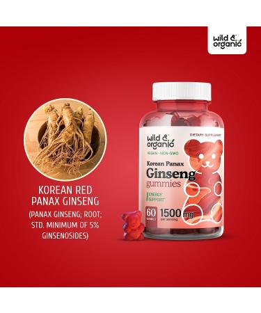 Wild & Organic Korean Panax Red Ginseng Gummies - Energy & Brain Supplements - Memory, Mental Focus, Mood Boost - Vegan 1500mg 60 Chews - Buy Online on GoSupps.com