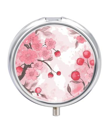 Pill Box Pill Case 3 Compartment Travel Pill Box Cherry Floral Arnea Printing Small Pill Box Portable Medicine Pill Case Pill Organizer for Purse & Pocket for Travel Handbag (Round)