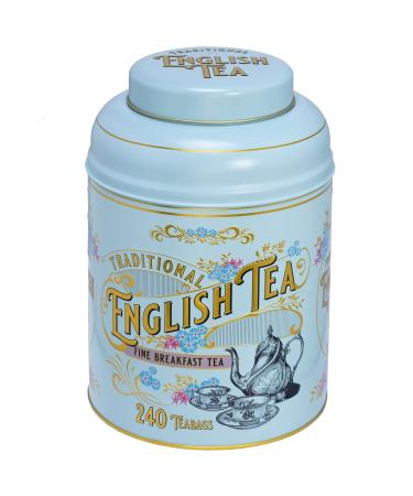 New English Teas Vintage Victorian Tea Caddy in Powder Blue with 240 English Breakfast Teabags Tea 1 Count (Pack of 1)