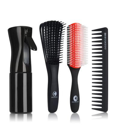 BRUSHZOO Detangling Brush Set with Hair Spray bottle  Hair Brushes for Women men and Kids Curly Hair  Curly Hair Brush for Natural 3/4abc Hair with Detangler Brush 9 Row Brush Wide Tooth comb (Red)