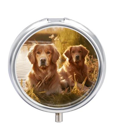 Pill Box Pill Case 3 Compartment Travel Pill Box Two Golden Retrievers Printing Small Pill Box Portable Medicine Pill Case Pill Organizer for Purse & Pocket for Travel Handbag (Round)