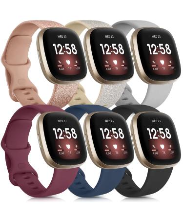 6 Pack Sport Bands Compatible with Fitbit Versa 3 Bands/Fitbit Sense Bands, Classic Soft Silicone Replacement Wristbands for Fitbit Versa 3 Smart Watch Women Men (Small, 6 Pack E) Small Glistening Rose Gold/Glistening Cham…