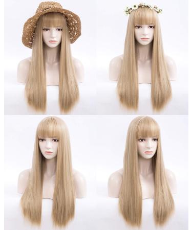 Netgo Blonde Wig with Bangs | Long Straight Ash Blonde Wig for Women | 27 Inch Heat Resistant Synthetic Hair Wig for Cosplay & Halloween - Buy Online on GoSupps.com