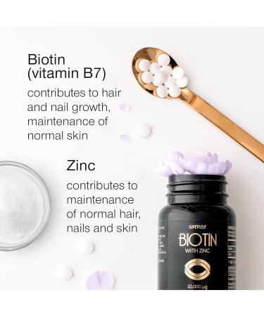 Biotin Hair Growth Tablets - Hair Skin and Nails Vitamins for Women & Men - 180 Biotin Tablets with Zinc 10000 mcg - High Strength Supplements - UK Made - Superior Absorption - Buy Online on GoSupps.com