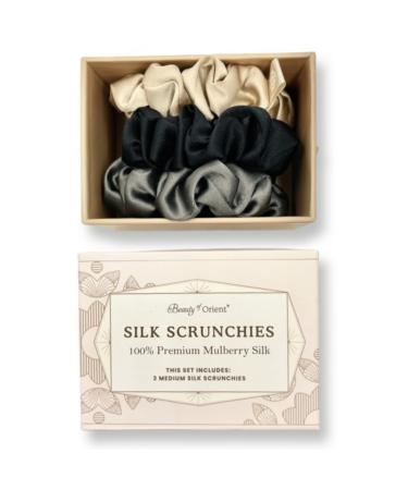Silk Scrunchies | Premium Handcrafted 25 Momme Mulberry Silk Hair Bands | Elastics Ties Ponytail Holders and Hair Accessories (Medium Scrunchies (3) Bedrock Midnight Champagne) Medium (Pack of 3) Bedrock Midnight Ch...