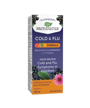 Nature's Way Kids Sambucus Cold and Flu Care Elderberry Syrup with Echinacea and Propolis - Used in Herbal Medicine to Help Relieve Symptoms (Coughs and Sore Throats) in Children 120 ml 120 ml (Pack of 1)