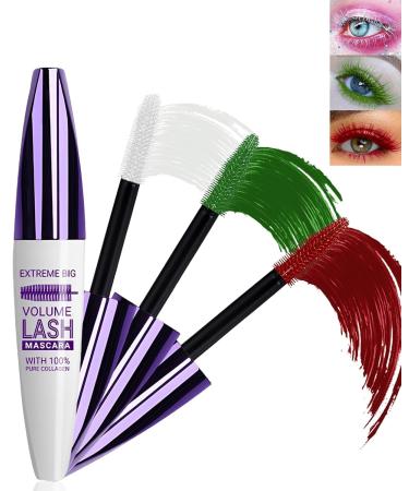 5D White Green Red Mascara Voluminous Waterproof-Silk Fiber Tubing Mascara for Eyelashes Volume and Length Curling Eye Lash Longlasting Smudegproof Liquid Lash Extensions Colored Mascara for Women White+06 Green+07 Red