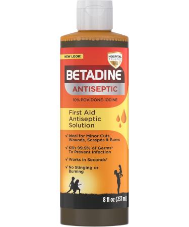 Betadine First Aid Solution 8 Ounces Povidone Iodine Antiseptic with No-Sting Promise (Packaging May Vary)