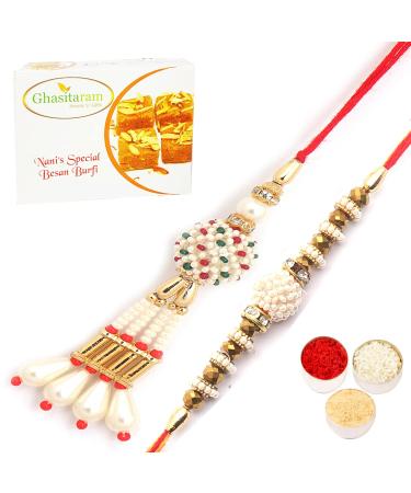 Ghasitaram Gifts Rakhis Online - Rakhi for Brother- Shimmering Blessings cl6101 Bhaiya Bhabhi Rakhi with 400 GMS of Besan Barfi