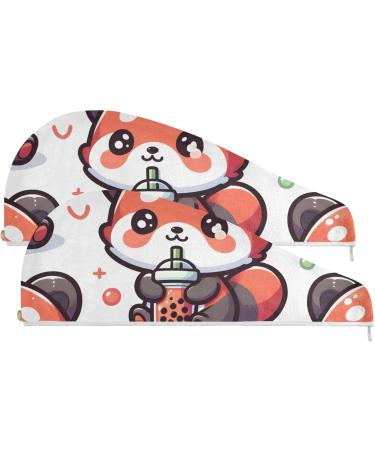 Cute Red Panda Hair Towel 2 Pack | Super Absorbent Quick Dry Turbans for Women & Girls - Bubble Tea Cartoon Design - Buy Online on GoSupps.com